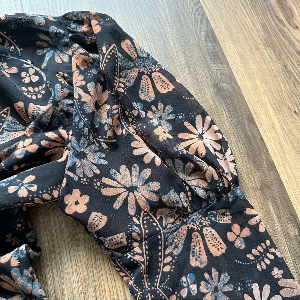 Free People Clarissa Floral Top XS Black Long Sleeve Ruffle High Neck Boho Fairy